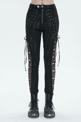 Pantalon punk pour femme en sergé noir extensible avec panneaux en mesh perforé